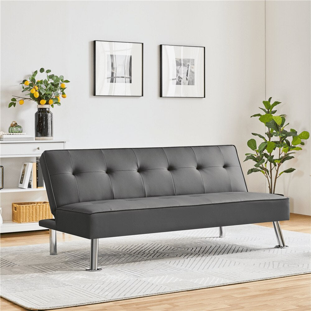 Convertible Tufted Faux Leather Futon Sofa Bed with Chrome Metal Legs, Gray