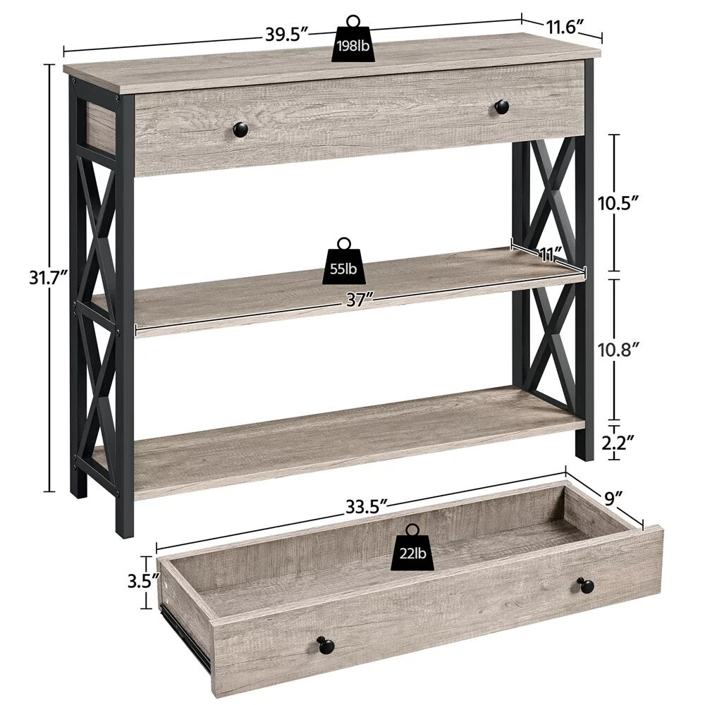 Wood and Iron Console Table, 1 Drawers and 2 Shelves，Durable and Strong，51.4 Lbs，39.50 X 11.60 X 31.70 Inches