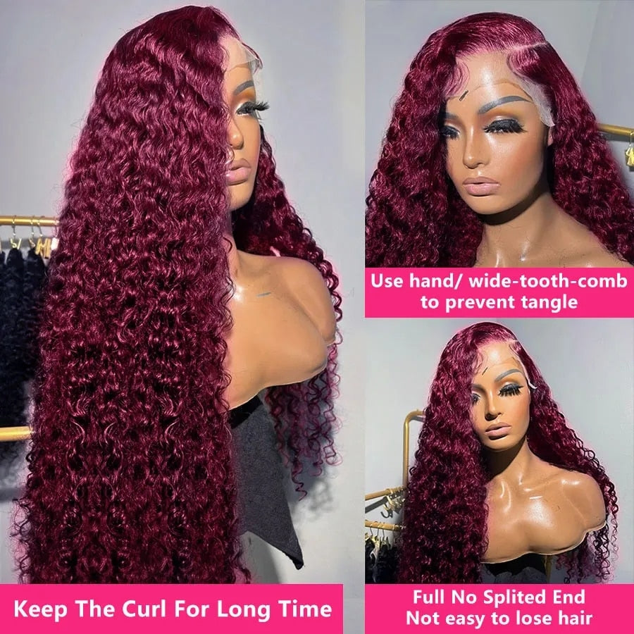 99J Burgundy Deep Wave 13x4 HD Transparent Lace Front Human Hair Wigs for Women Red Colored Water Curly Frontal Wig Pre Plucked