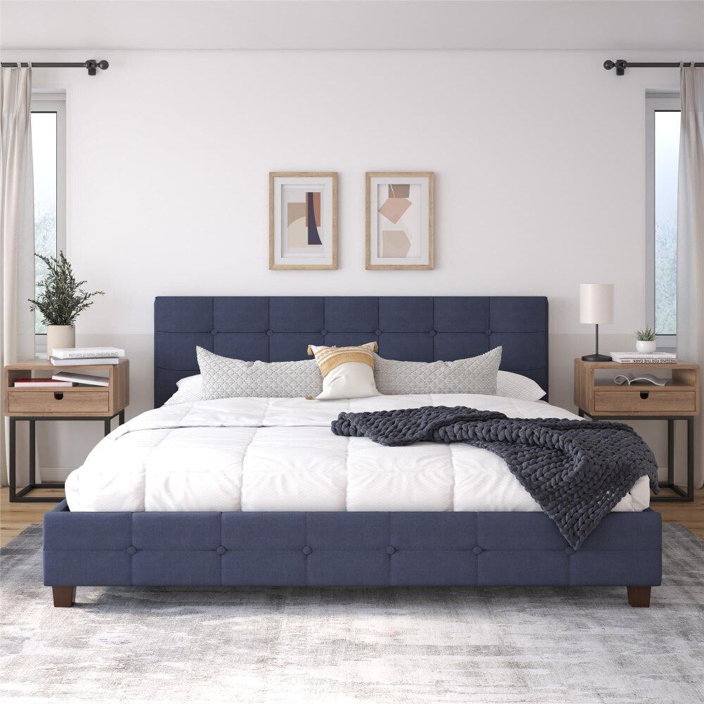 DHP Rose Tufted Upholstered Platform Bed Frame, King, Blue Linen