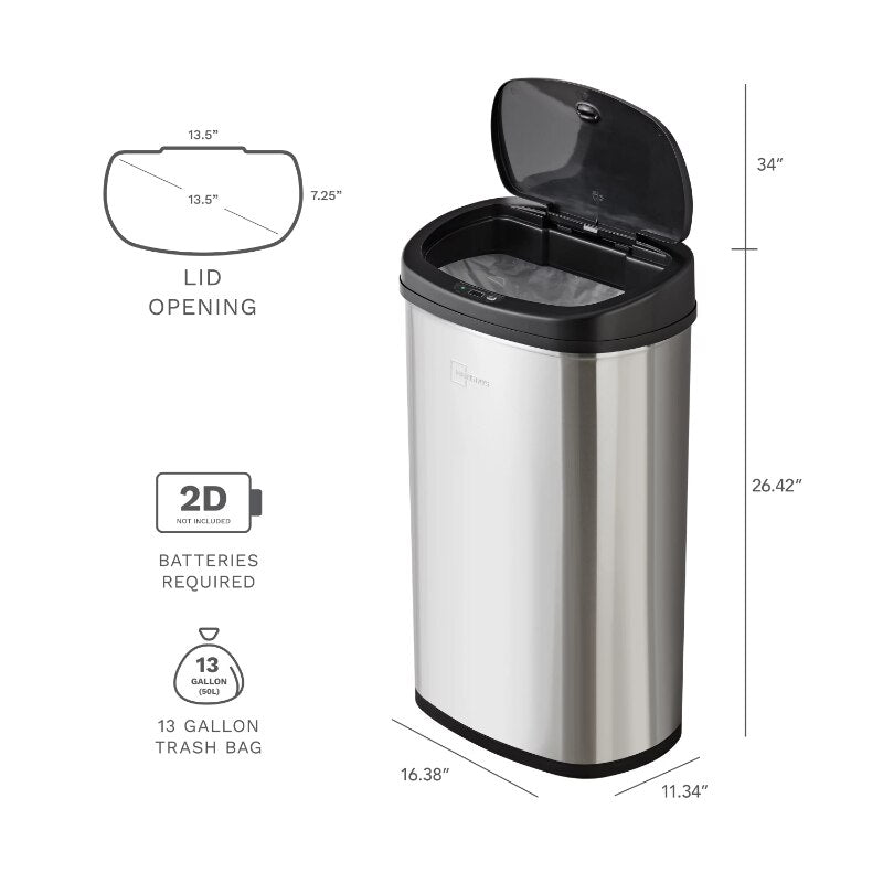 Mainstays 13.2 gal /50 L Motion Sensor Kitchen Garbage Can, Stainless Steel