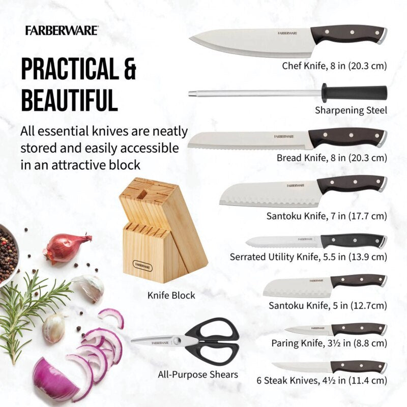 Farberware 15-Piece Triple Rivet Kitchen Knife Block Set with Natural Wood Block and Black Handles knives set