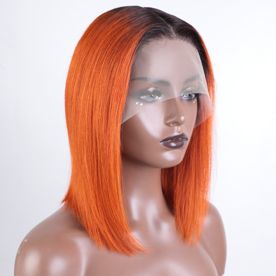 Sleek Straight Bob Human Hair Wigs For Women 13X6X1 Orange Colored Lace Front Wigs With Black Root Ombre Brazilian Hair Wigs