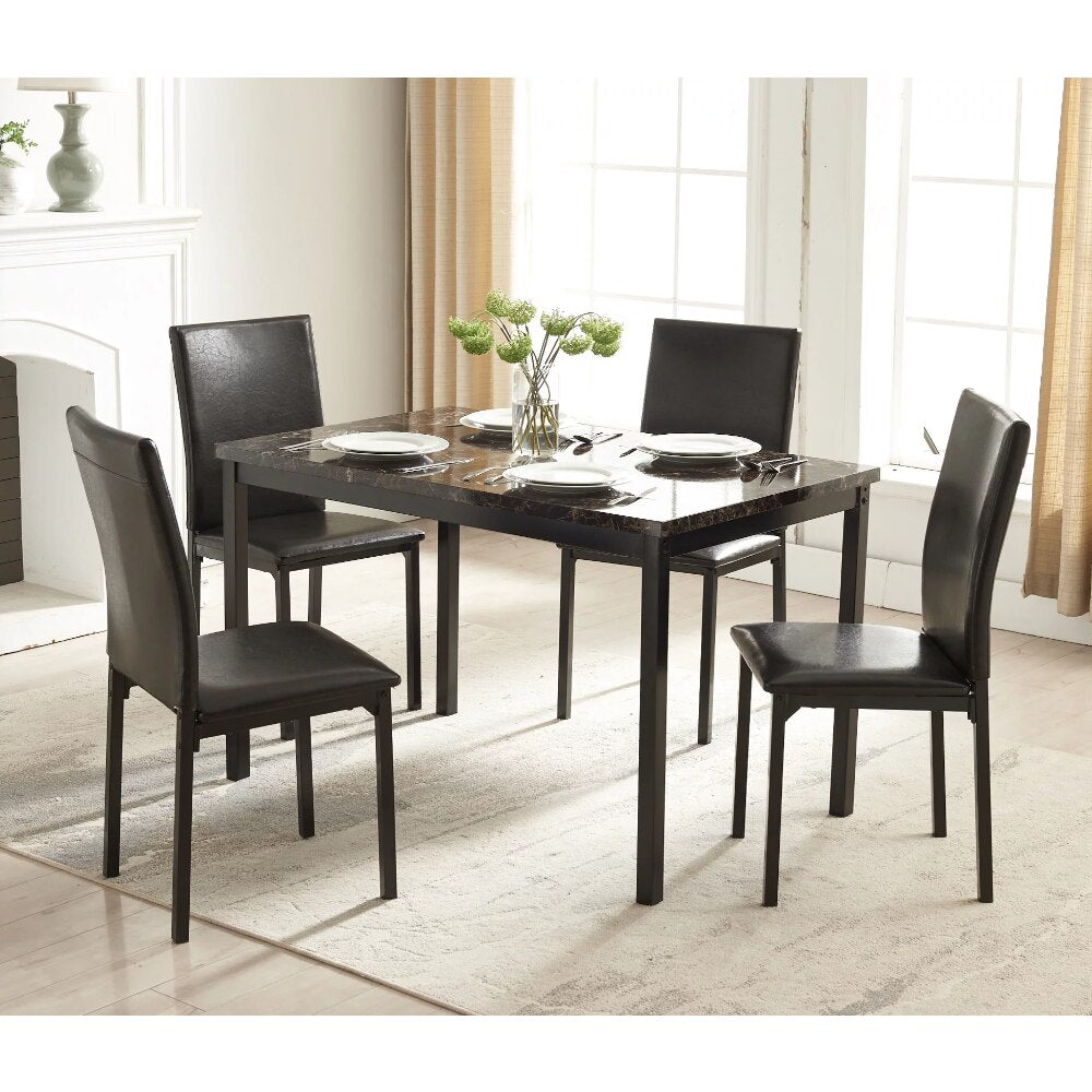 Mainstays 5 Piece Dining Set Faux Marble Table Top and 4 PU Chairs Set of 5 Include 1 Table and 4 Chairs