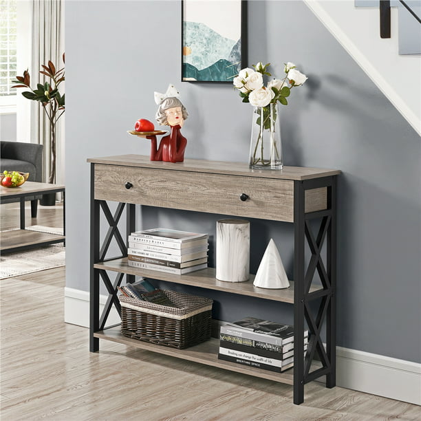 Wood and Iron Console Table, 1 Drawers and 2 Shelves，Durable and Strong，51.4 Lbs，39.50 X 11.60 X 31.70 Inches