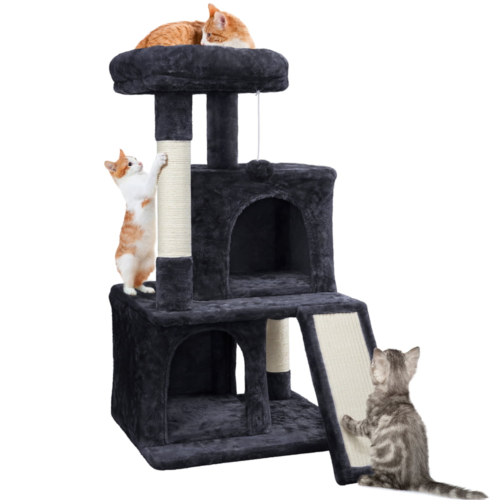 Easyfashion Multilevel Plush Cat Tree with Double Condos and Furry Ball for Cats, Kittens, Pink