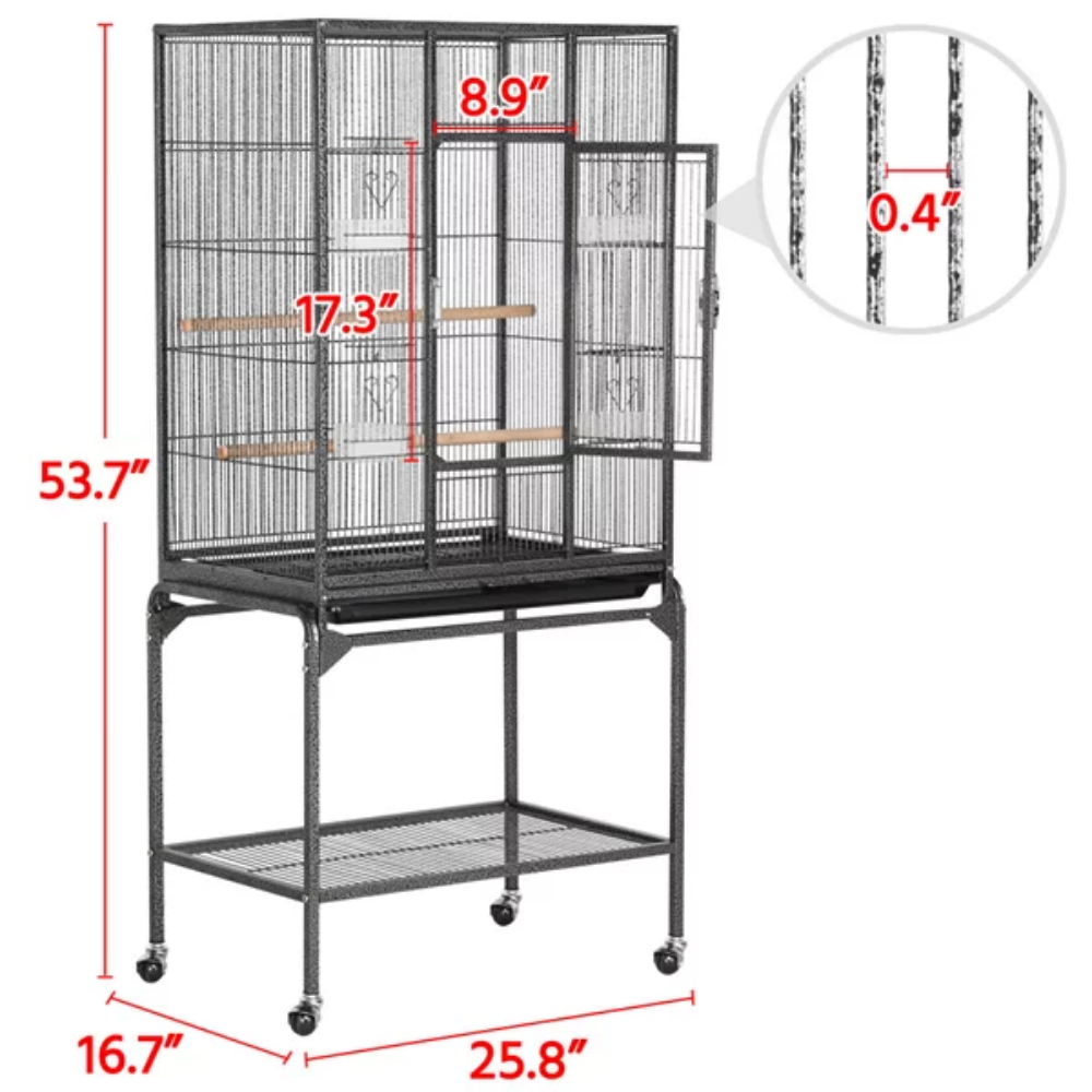 Metal Rolling Bird Cage with Stand, 4 Feeding Bowls, and 2 Perches, Black,25.79 X 16.73 X 53.74 Inches