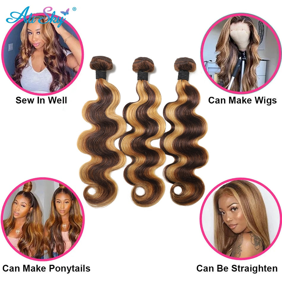 Highlight Body Wave 3/4Bundles With 4x4 Lace Closure P4 27 Ombre Honey Blonde Bundles Brazilian Remy Hair Weave Extension 13x4