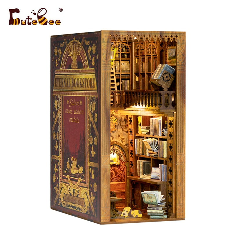 CUTEBEE Book Nook DIY Gifts Toy Miniature House Dollhouse Booknook Touch Light Model Building for Decoration Eternal Bookstore