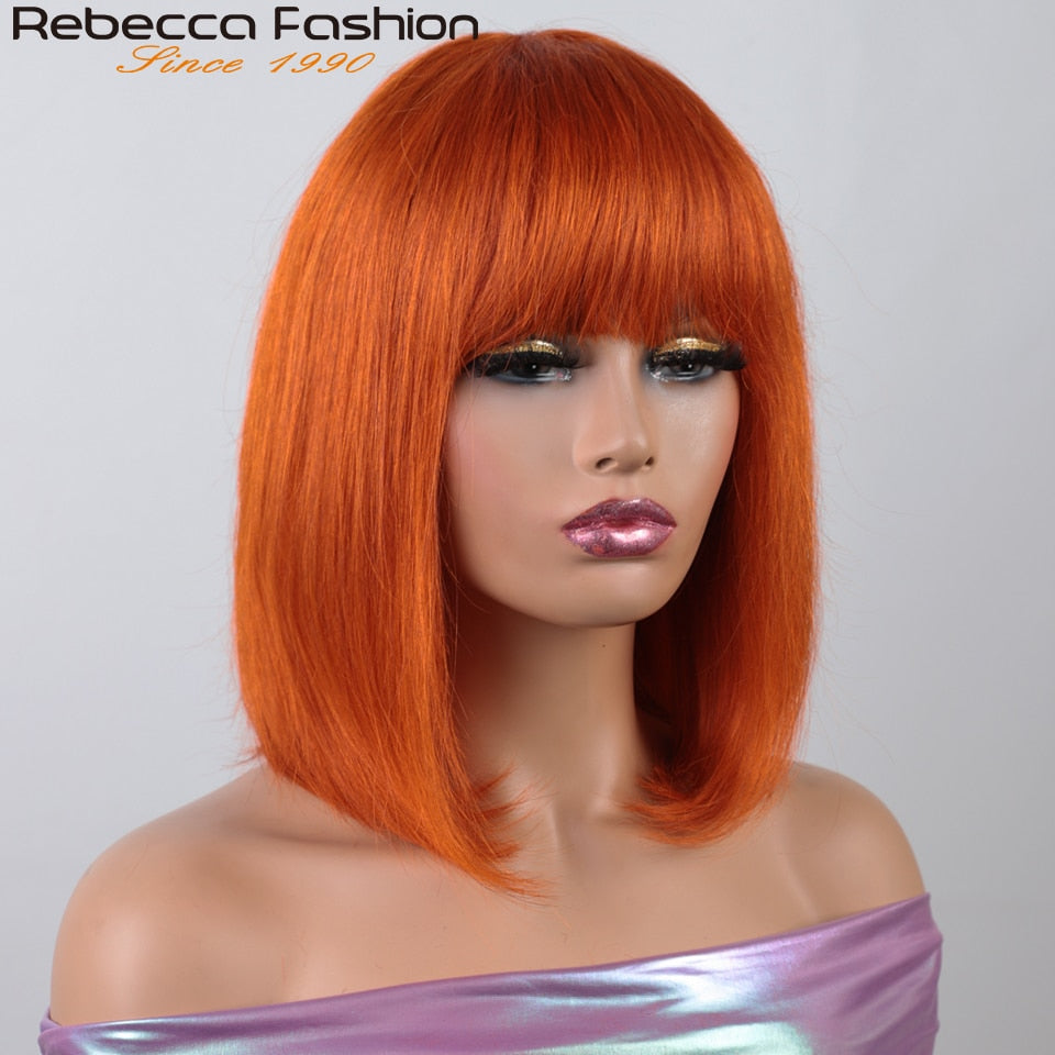 180D Orange/Ginger Colored Blonde Straight Human Hair Bob Wigs With Bangs Remy Full Machine Made for Women P4/30 613 99J T1B/27