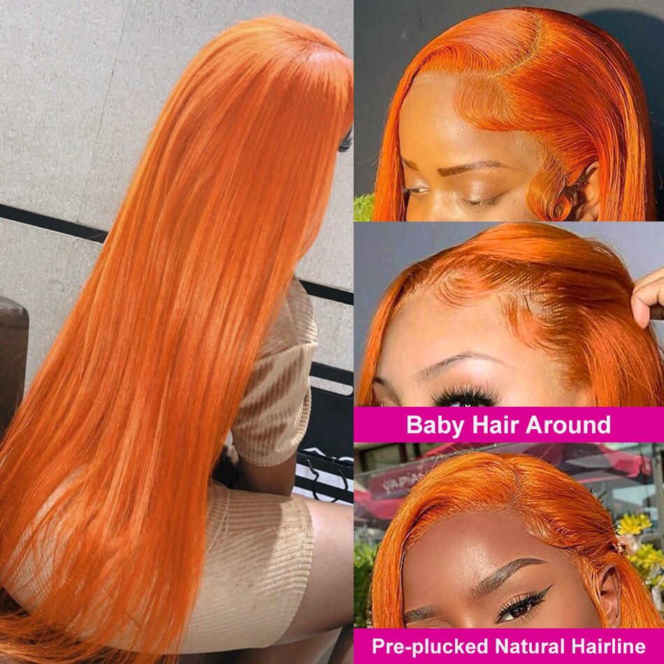 28 30 32 Inch Orange Ginger Lace Front Wig Human Hair 13x4 Straight Lace Front Wig Pre Plucked Transparent 4x4 Lace Closure Wig