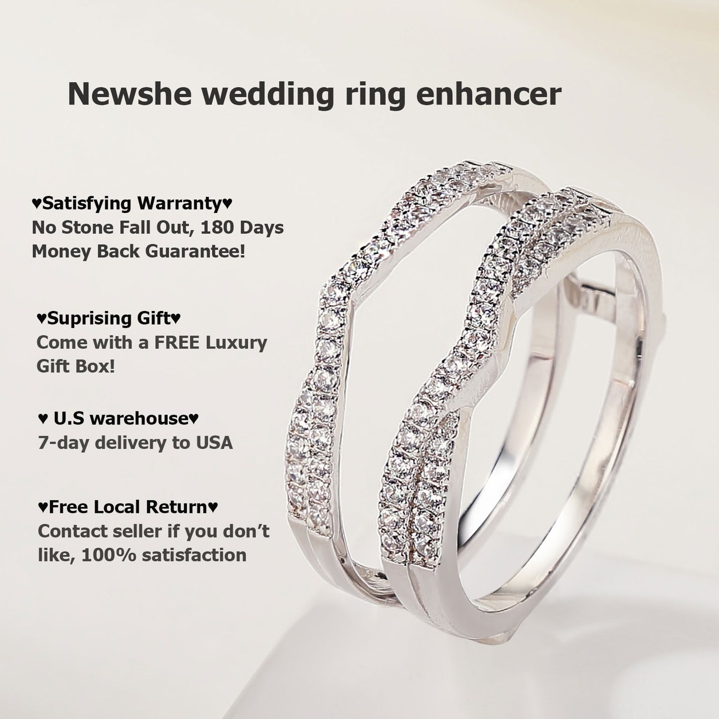 Newshe Genuine 925 Sterling Silver Adjustable Wedding Rings Enhancer for Women Engagement AAAAA Cubic Zircon Fine Jewelry