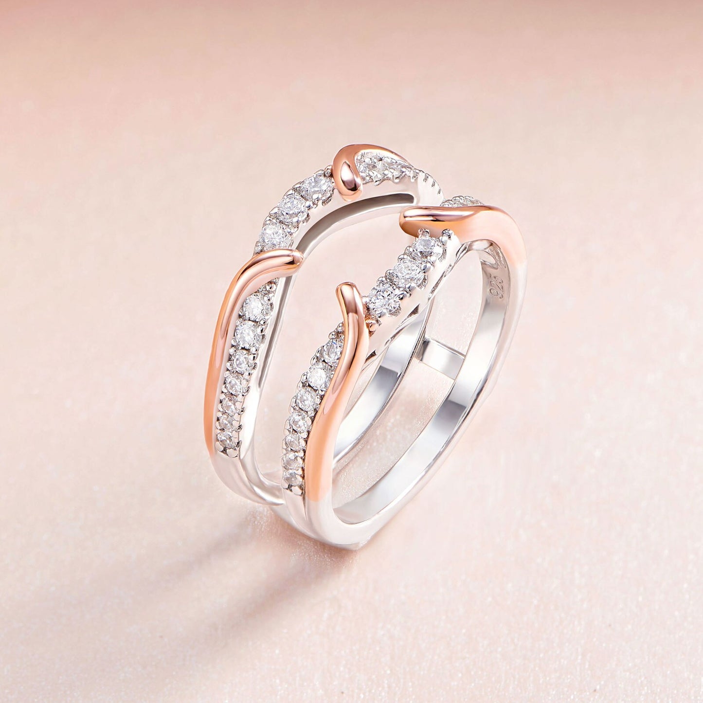 Newshe Genuine 925 Sterling Silver Romantic Rose Gold Guard Enhancer Rings for Engagement Cubic Zircon Wedding Band Jewelry