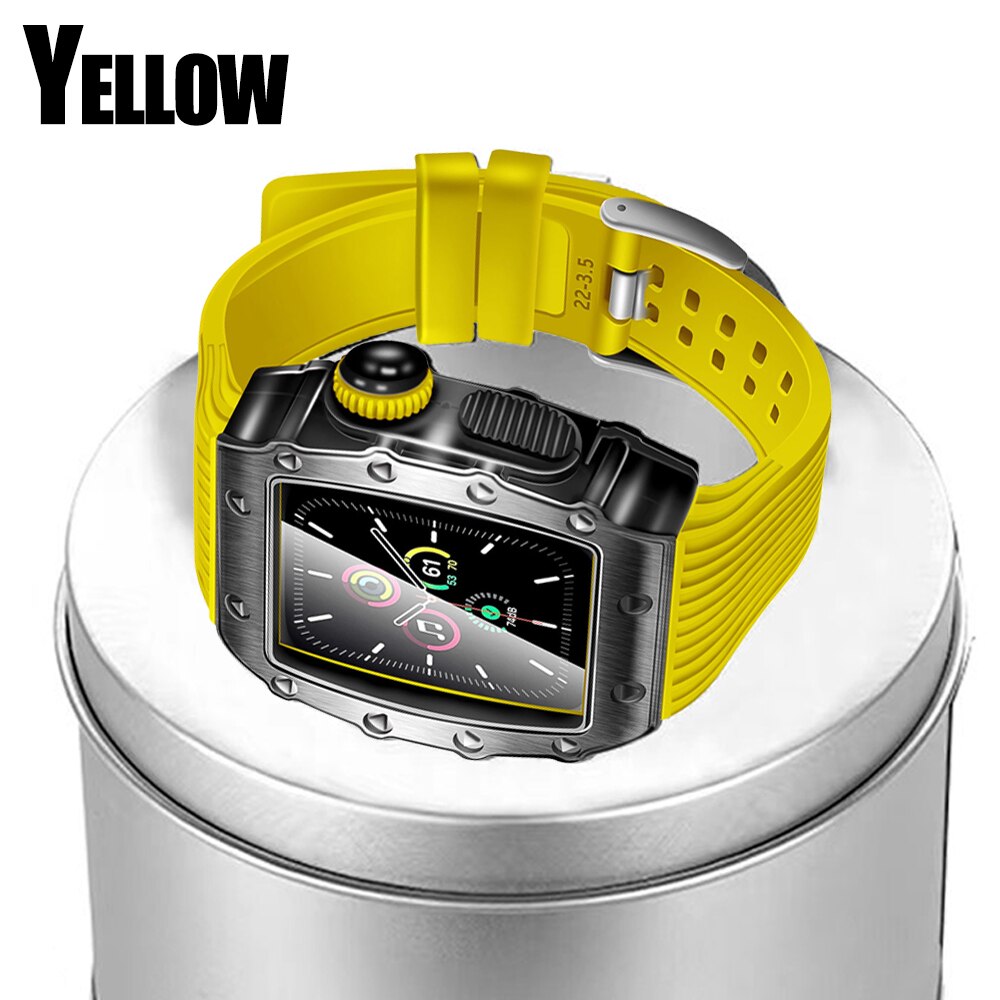 Luxury Modification Case Band for Apple Watch Series 8 7 6 5 4 44mm 45mm Men Rugged Case Silicone Sport Band for iWatch 6/5/4 SE