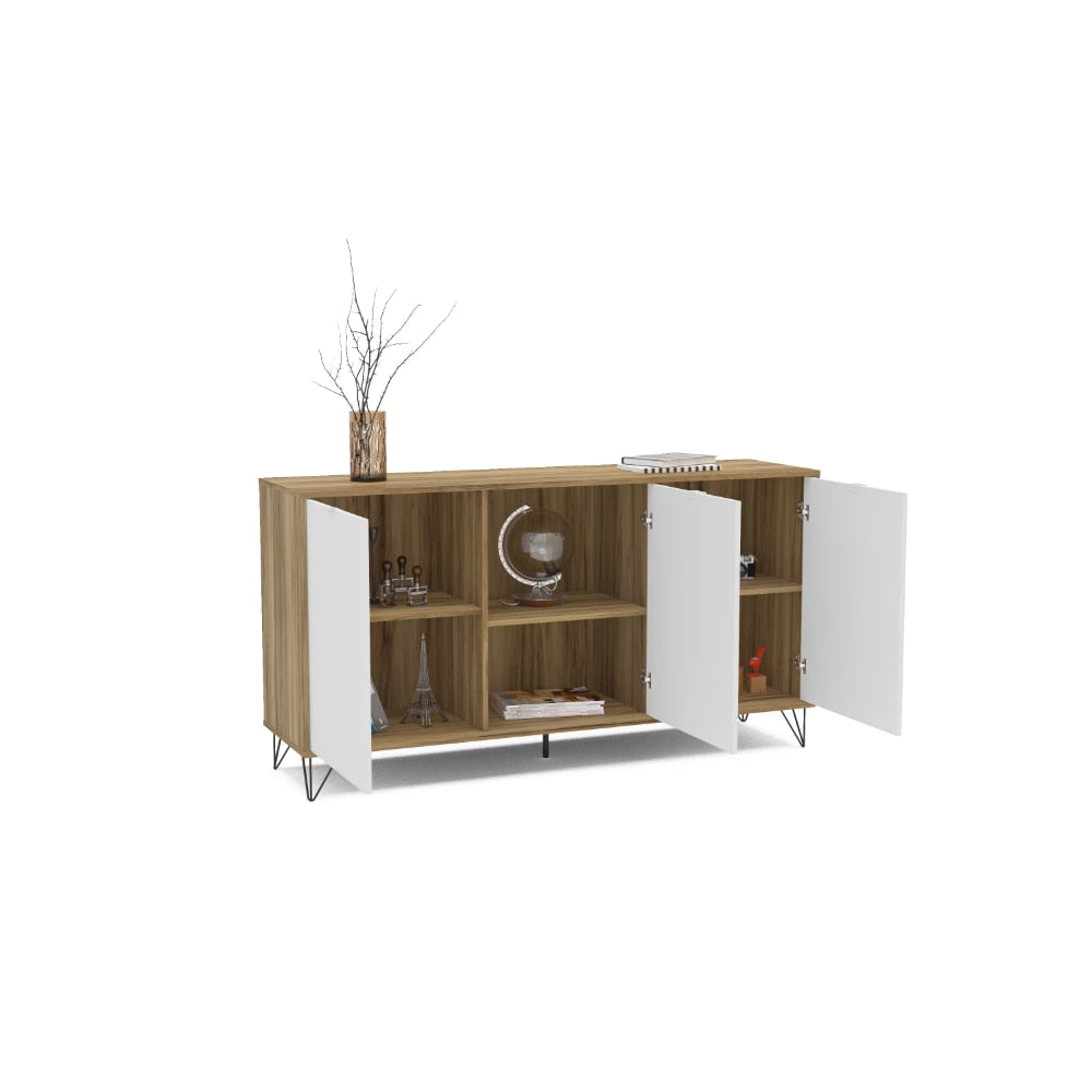 Montreal 59 In. Sideboard with 3 Doors, White &amp; Light Brown Storage Cabinet Kitchen Cabinets