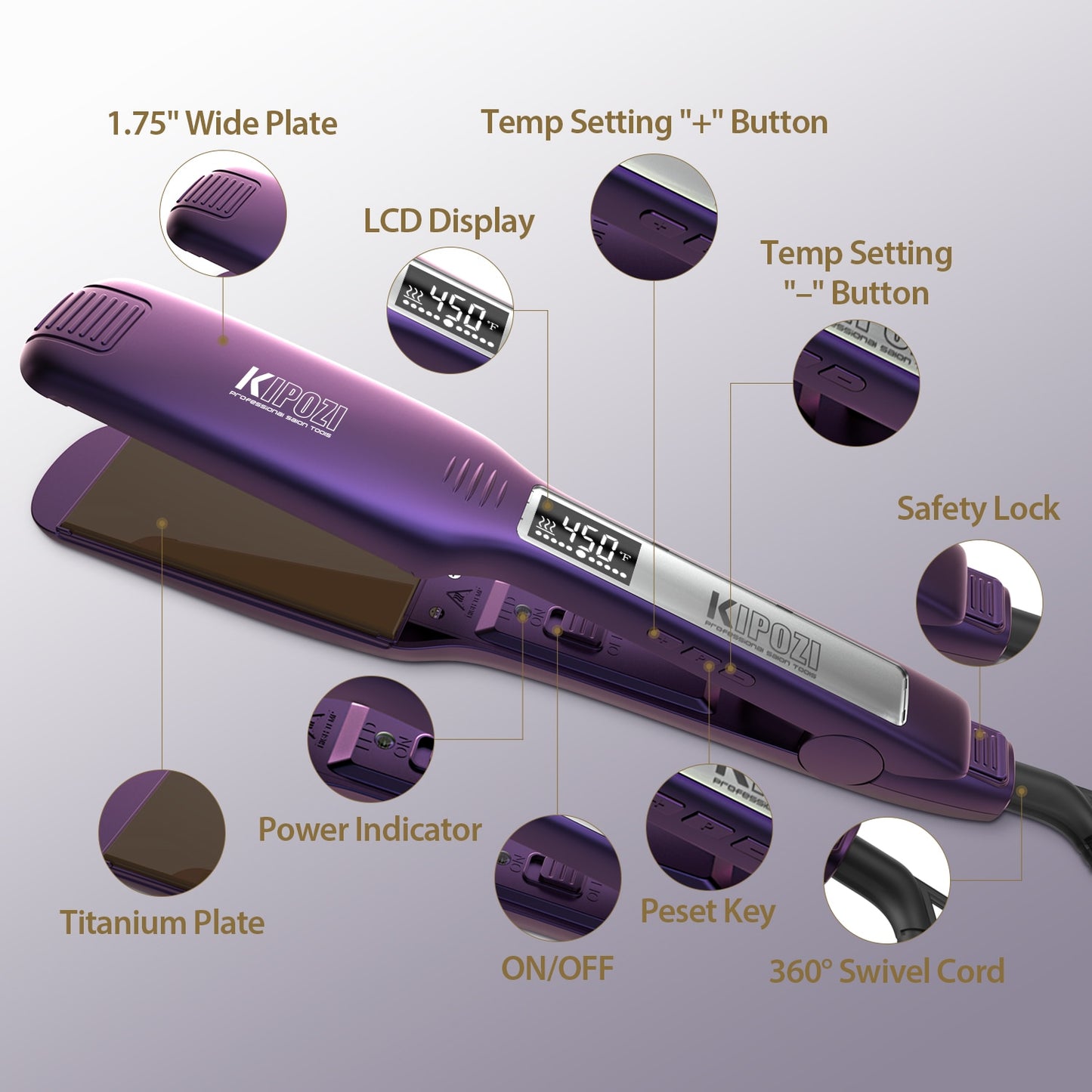 KIPOZI KP-139 Professional Straightener Titanium Flat Iron with Digital LCD Display Dual Voltage Instant Heating Curling Iron