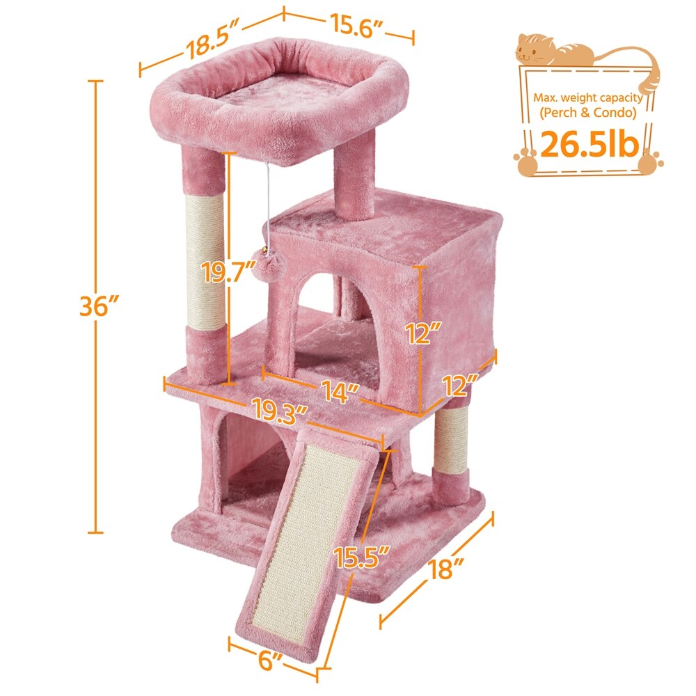 Easyfashion Multilevel Plush Cat Tree with Double Condos and Furry Ball for Cats, Kittens, Pink