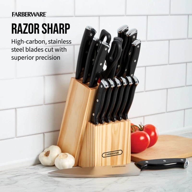 Farberware 15-Piece Triple Rivet Kitchen Knife Block Set with Natural Wood Block and Black Handles knives set