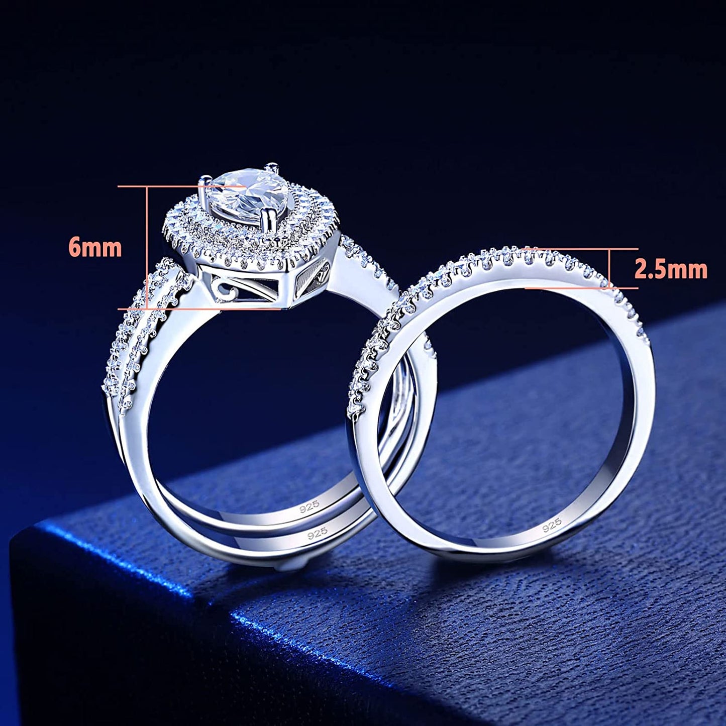 Newshe 2 Pcs 925 Sterling Silver Halo Pear Cut Engagement Rings Set for Women Stackable CZ Wedding Band Vintage Fine Jewelry