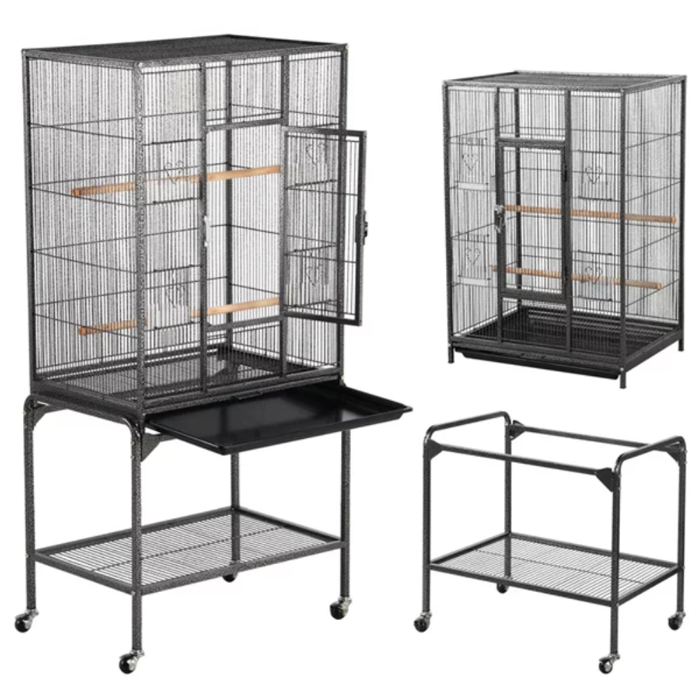 Metal Rolling Bird Cage with Stand, 4 Feeding Bowls, and 2 Perches, Black,25.79 X 16.73 X 53.74 Inches