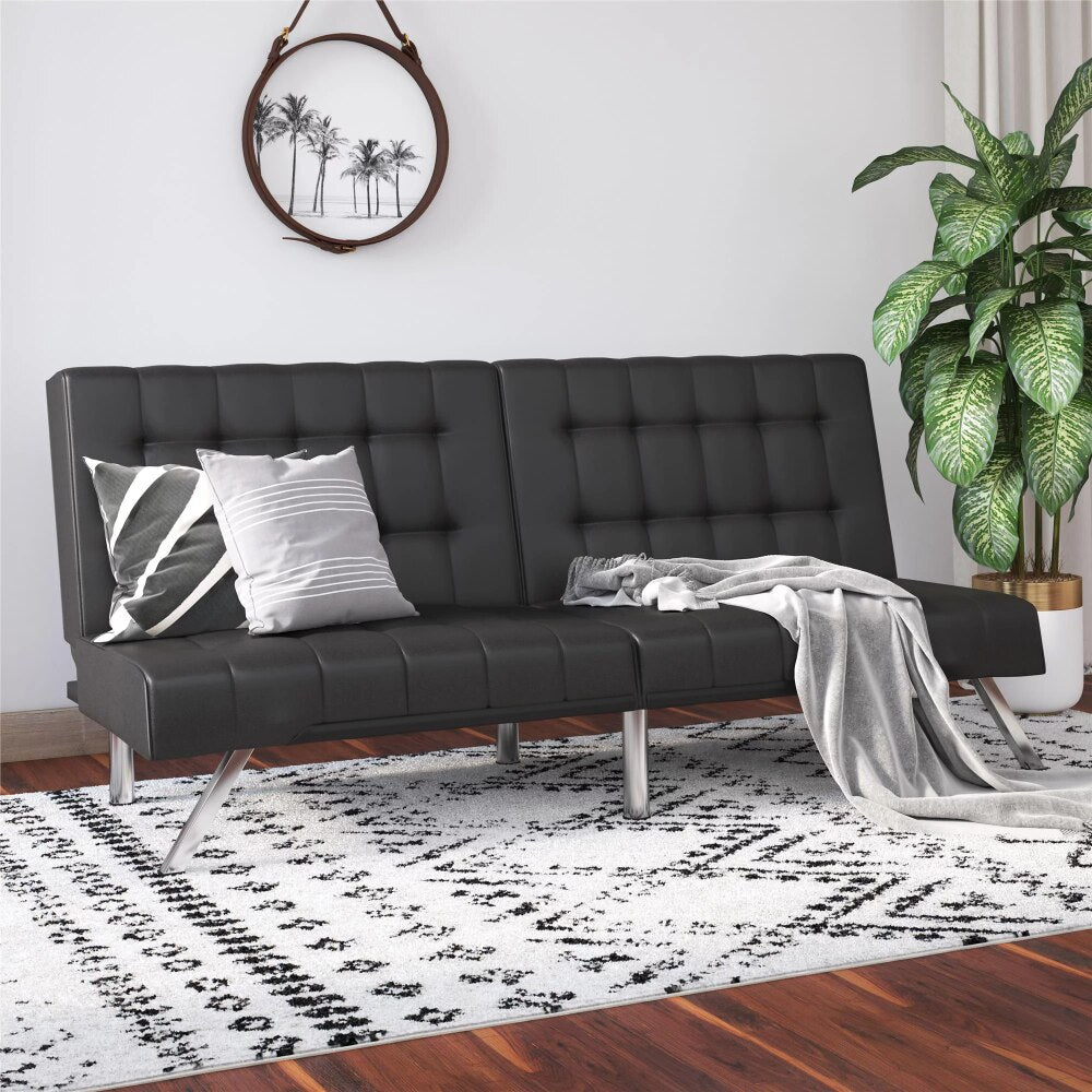 Living Room Sofas，Faux Leather Tufted Futon Sofa