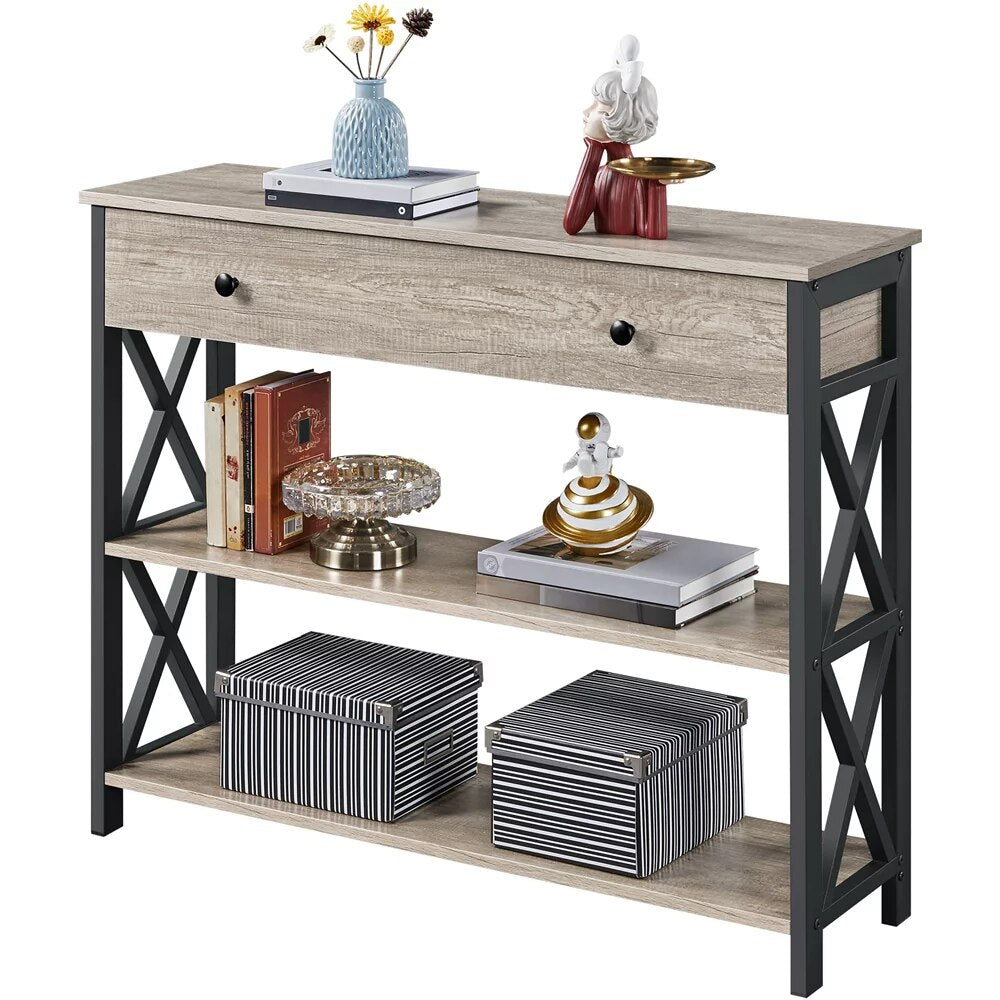 Wood and Iron Console Table, 1 Drawers and 2 Shelves，Durable and Strong，51.4 Lbs，39.50 X 11.60 X 31.70 Inches