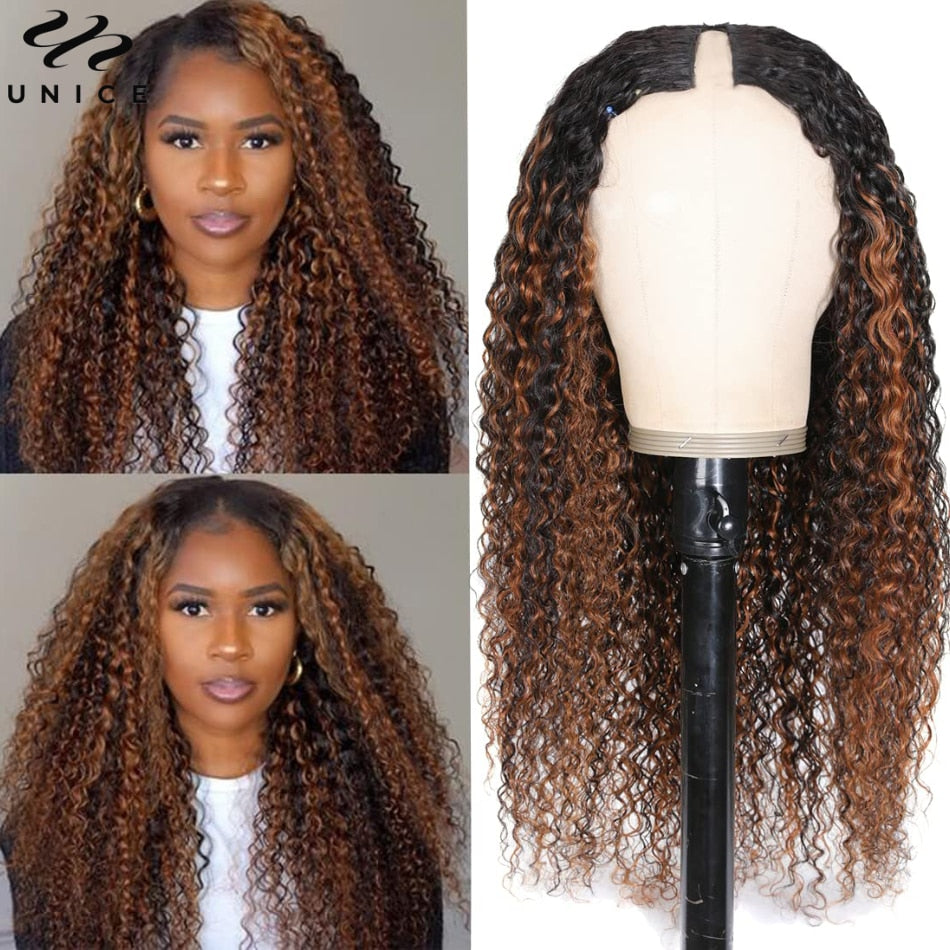 UNice Hair Balayage Highlight V Part Wig Human Hair Curly Wig Glueless U Part Wig Human Hair Wigs Blend with Your Own Hairline