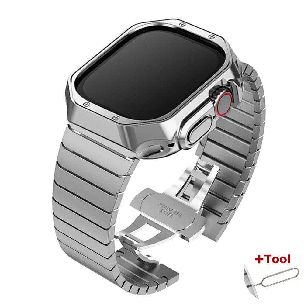 Stainless Steel Link Bracelet For Apple Watch Ultra 49mm TPU Case+Band 8 7 45mm 41mm Strap for iWatch 6 SE 5 4 3 42 44mm 38 40mm