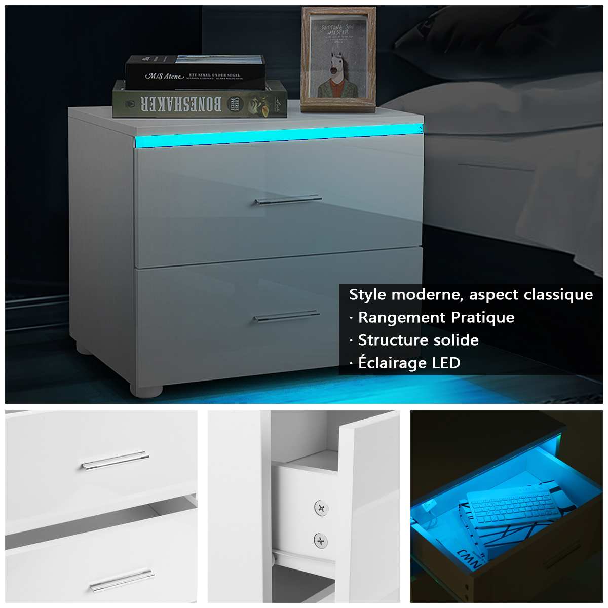 Modern Night Tables High Gloss LED Light Nightstand with 2 Drawer 20 Modes LED RGB Bedside Table Home Bedroom Bedside Cabinet