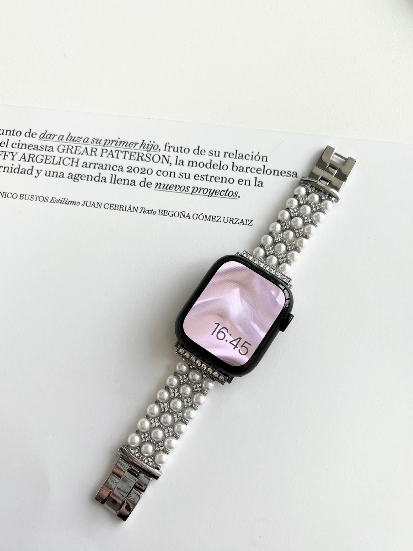 Luxury Pearl Stainless Steel Band For Apple Watch Ultra 49mm Diamond Strap For iWatch Series 8 7 41 45mm 6 3 4 5 se 2 40 42 44mm