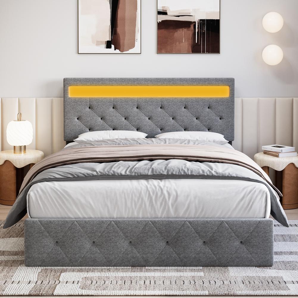 Full Bed Frame LED Lights Headboard Bed Frame with Fast-Charging USB Port Upholstered Platform Bed Frame No Box Spring Needed