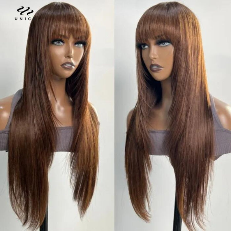 UNice Layer Cut Mocha Medium Brown Glueless Beginner Friendly Straight Wig With Bangs Wear and Go Cap Soft &amp; Smooth Virgin hair