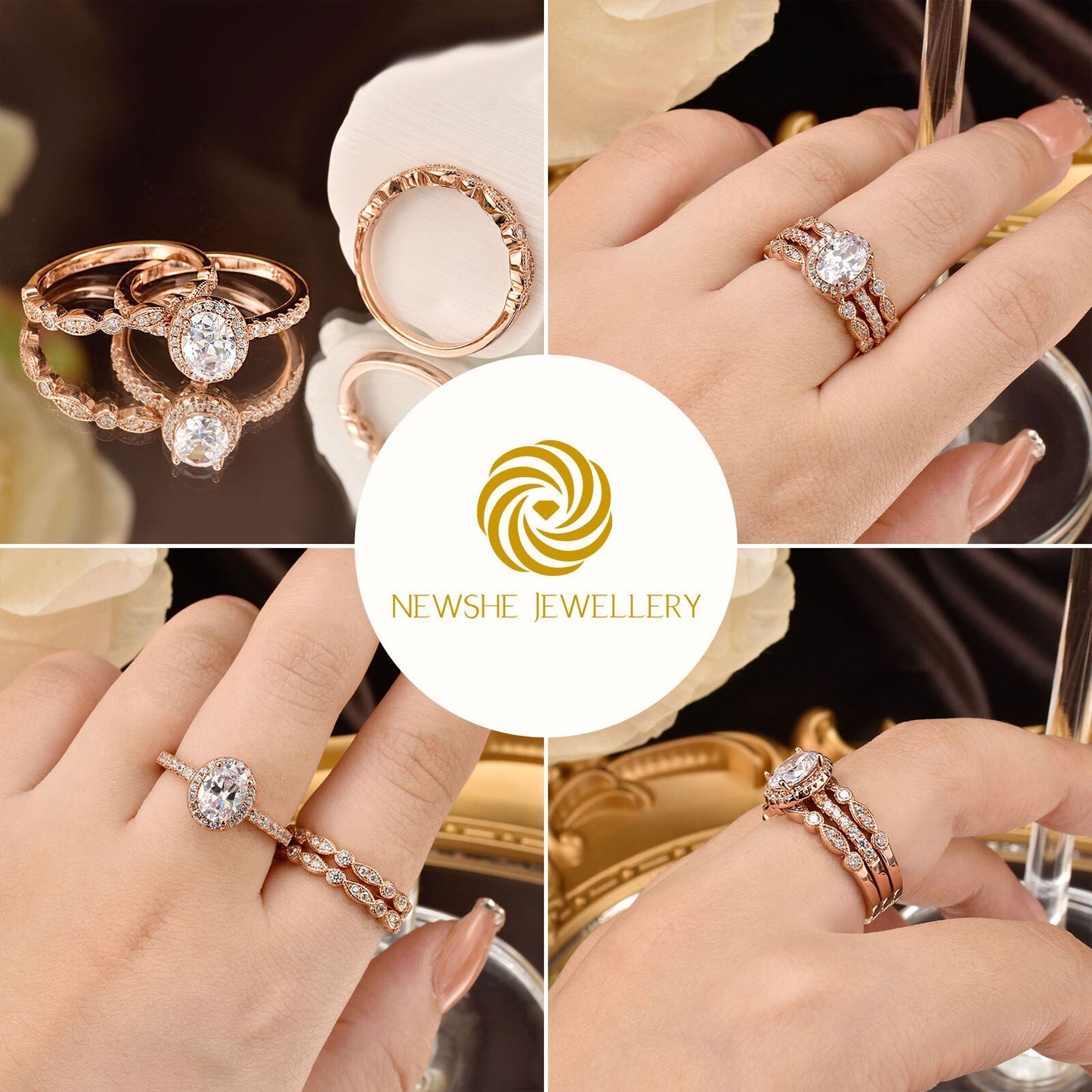 Newshe Yellow Rose Gold Engagement Rings For Women Bridal Set 925 Silver Halo Oval Cut AAAAA Zircons Romantic Wedding Jewelry