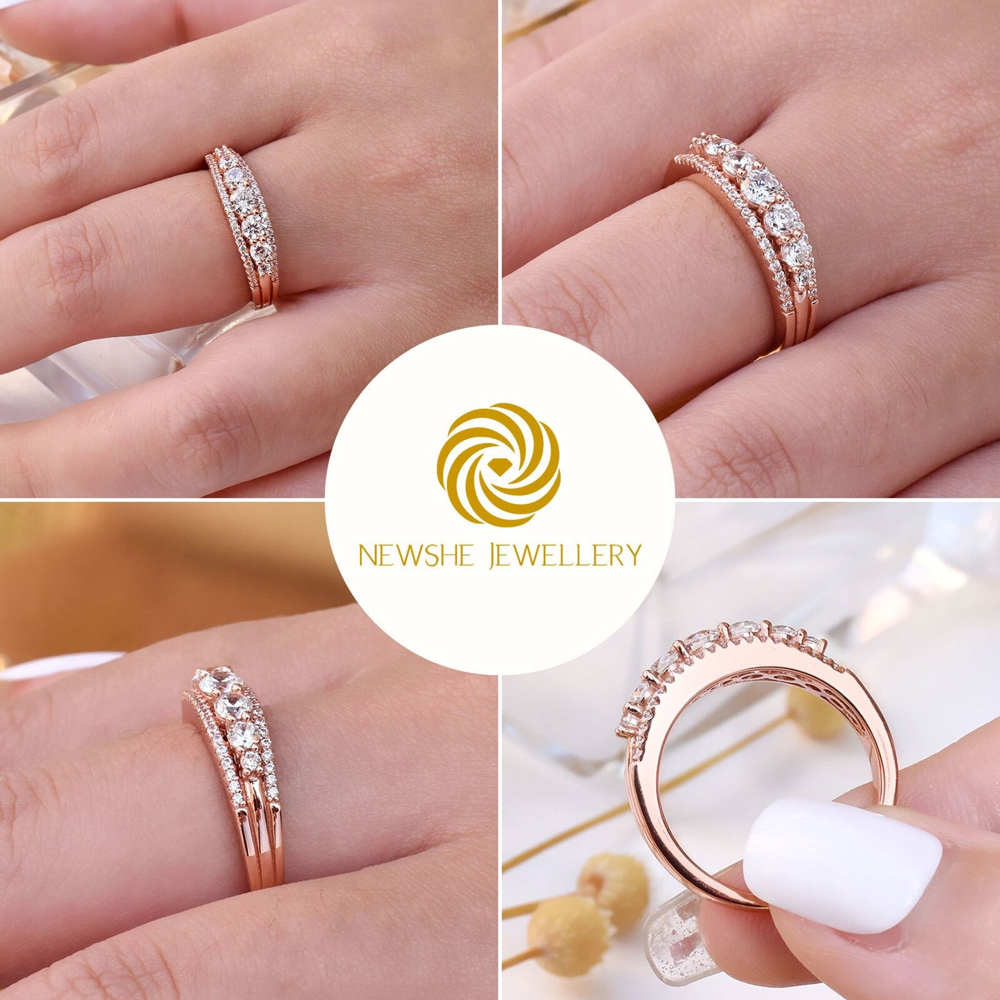 Newshe Solid 925 Sterling Silver Women's Yellow Rose Gold Wedding Engagement Ring Round Cut AAAAA CZ Eternity Band Jewelry Gift