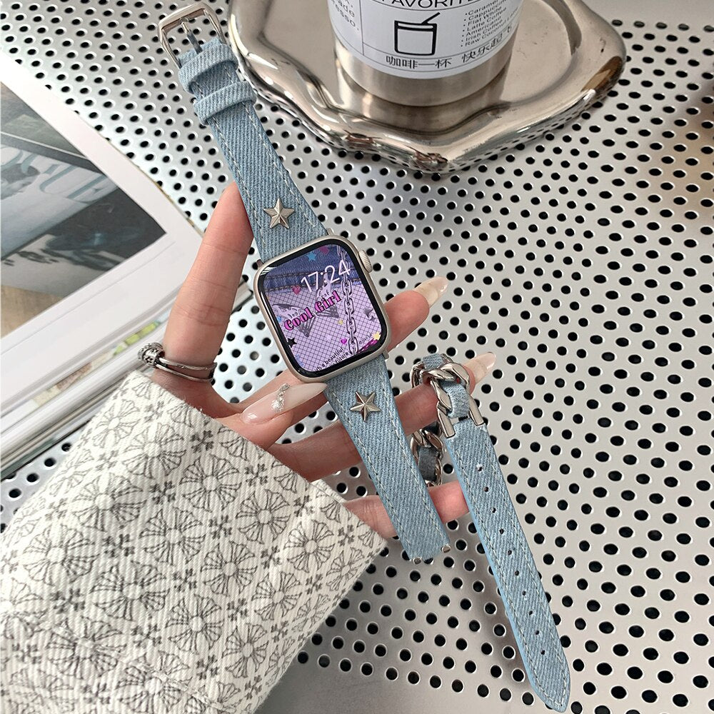 Luxury Metal Leather Strap for Apple Watch Band 40mm 41mm 38mm 49mm 42mm 44mm 45mm Women Bracelet for IWatch Ultra 8 7 SE 6 5 4