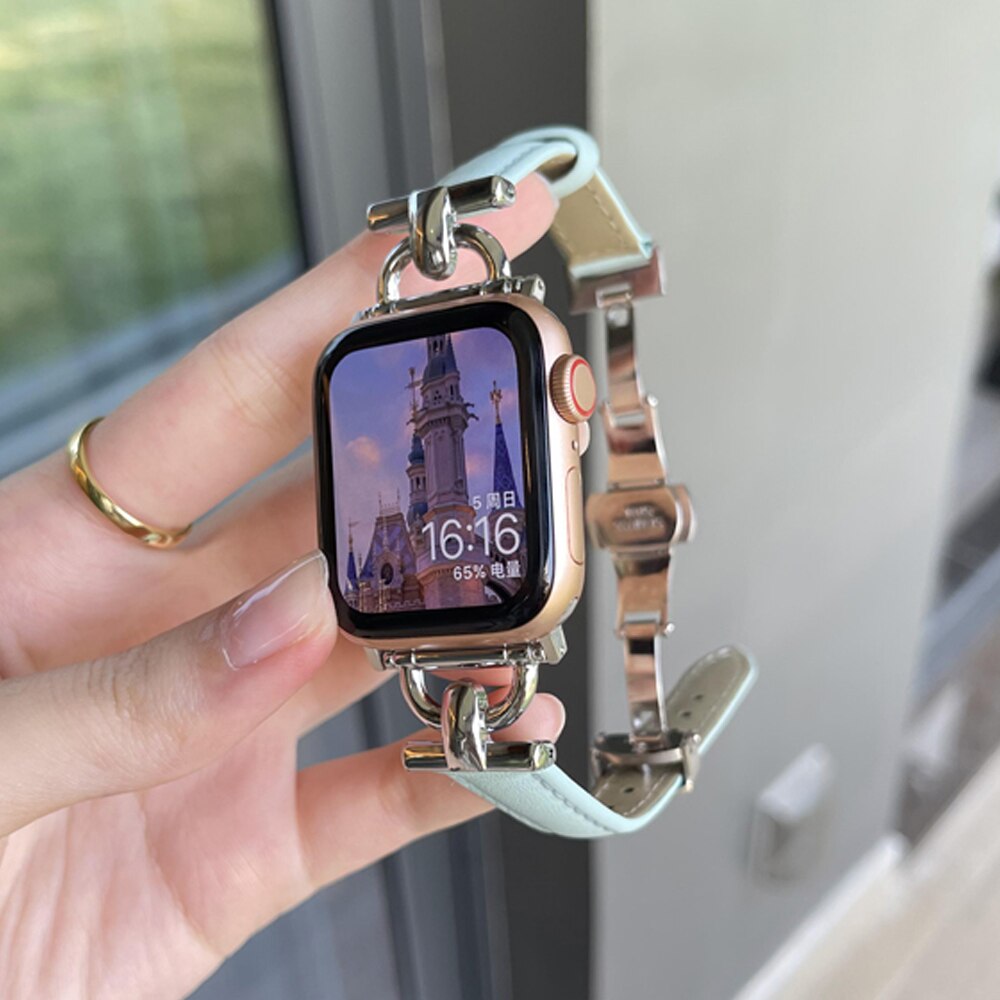 Leather Women Bracelet for Apple Watch Ultra 49mm 41 45mm 38 40mm 42 44MM Butterfly Buckle Band for iWatch Series 8 7 6 SE 5 4 3