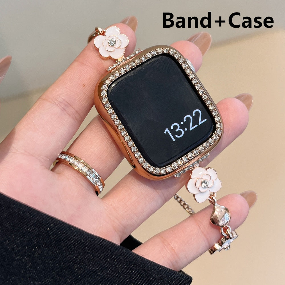 Stainless steel bracelet For Apple Watch Ultra 49mm 8 41mm 45mm band 38 40 42 44mm diamond flower strap for iWatch 8 7 6 5 4 se