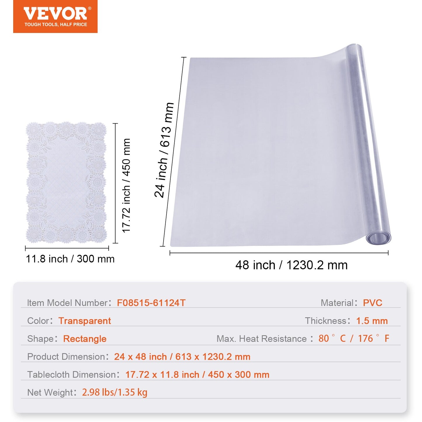 VEVOR PVC Tablecloth Transparent Table Cloth 1.5mm Waterproof Kitchen Oil-Proof Table Mat Plastic Soft Glass Protector Cover