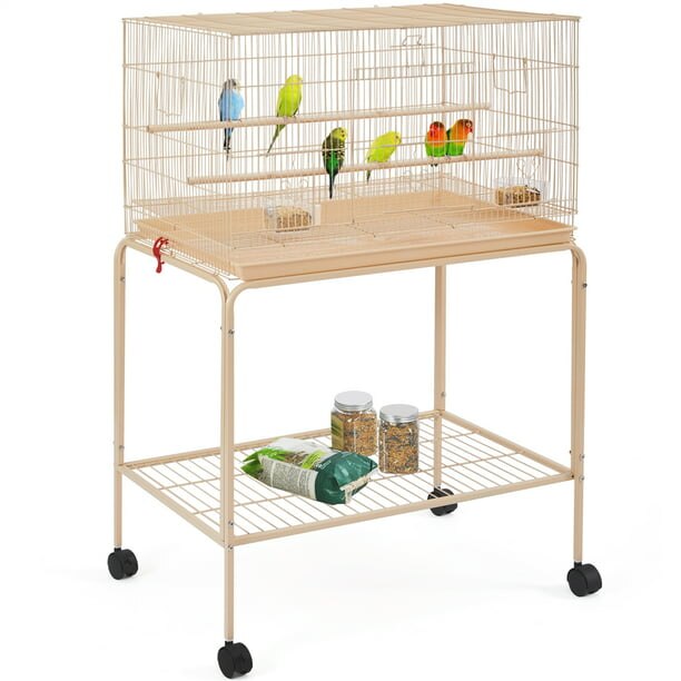 47&quot;H Rolling Stand Flight Bird Cage with Slide-out Tray for Small Birds, 20.3 Lb, Iron, Plastic, Wood