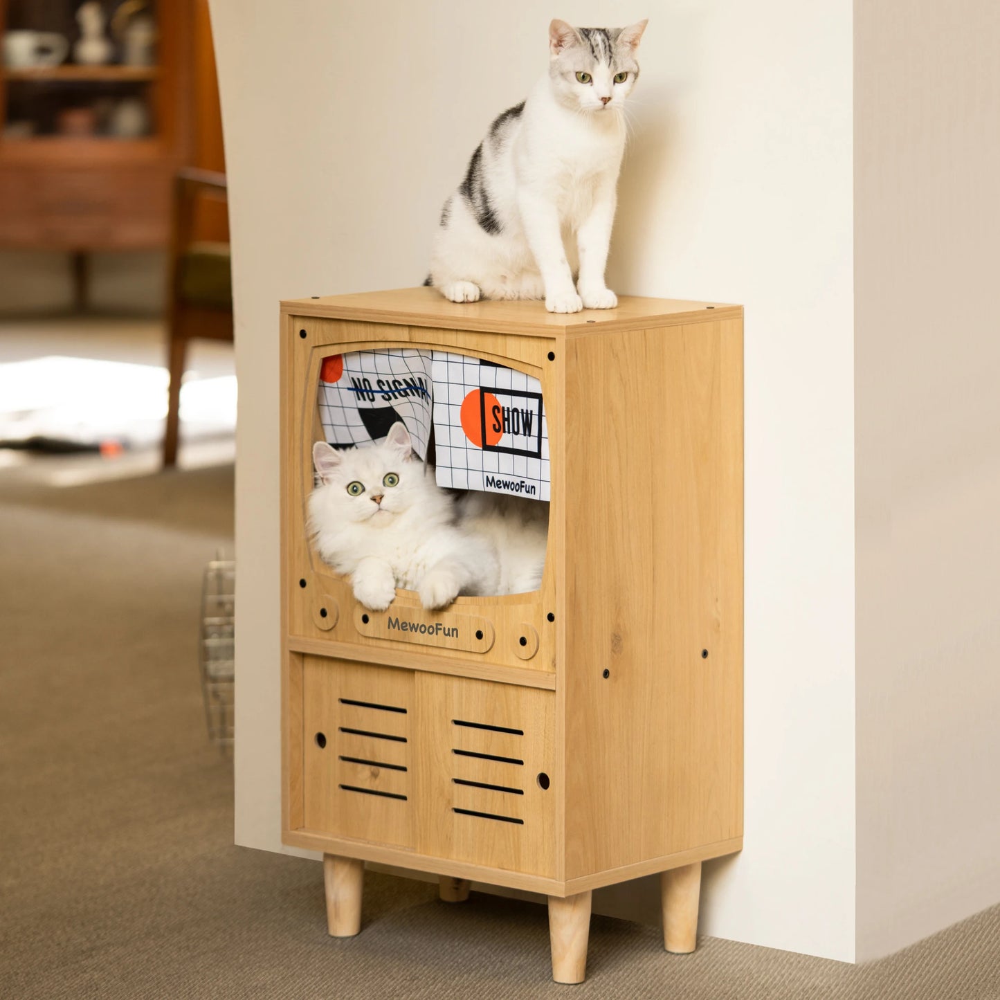 MEWOOFUN Cat Wooden House TV Appearance Design Cat Bed Sturdy Structure Furniture Decoration Easy to Clean Assembly US Stock