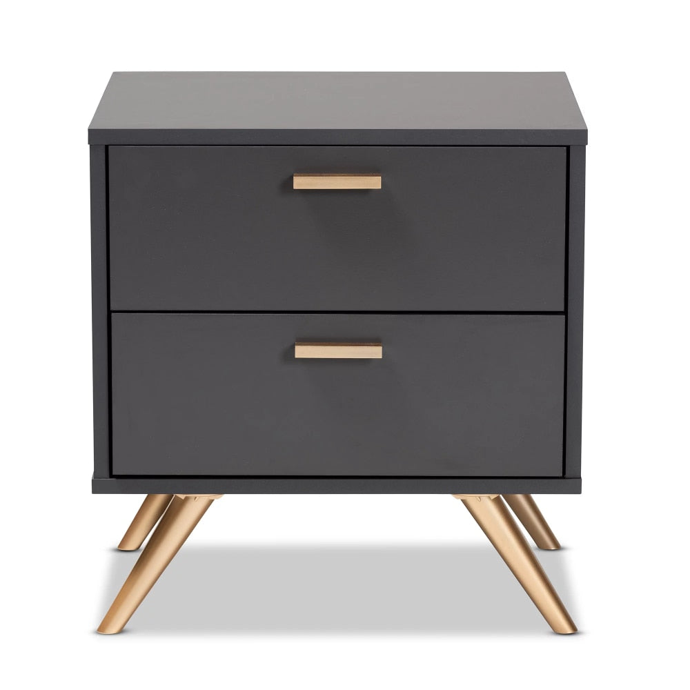 Kelson Modern and Contemporary Dark Grey and Gold Finished Wood 2-Drawer Nightstand