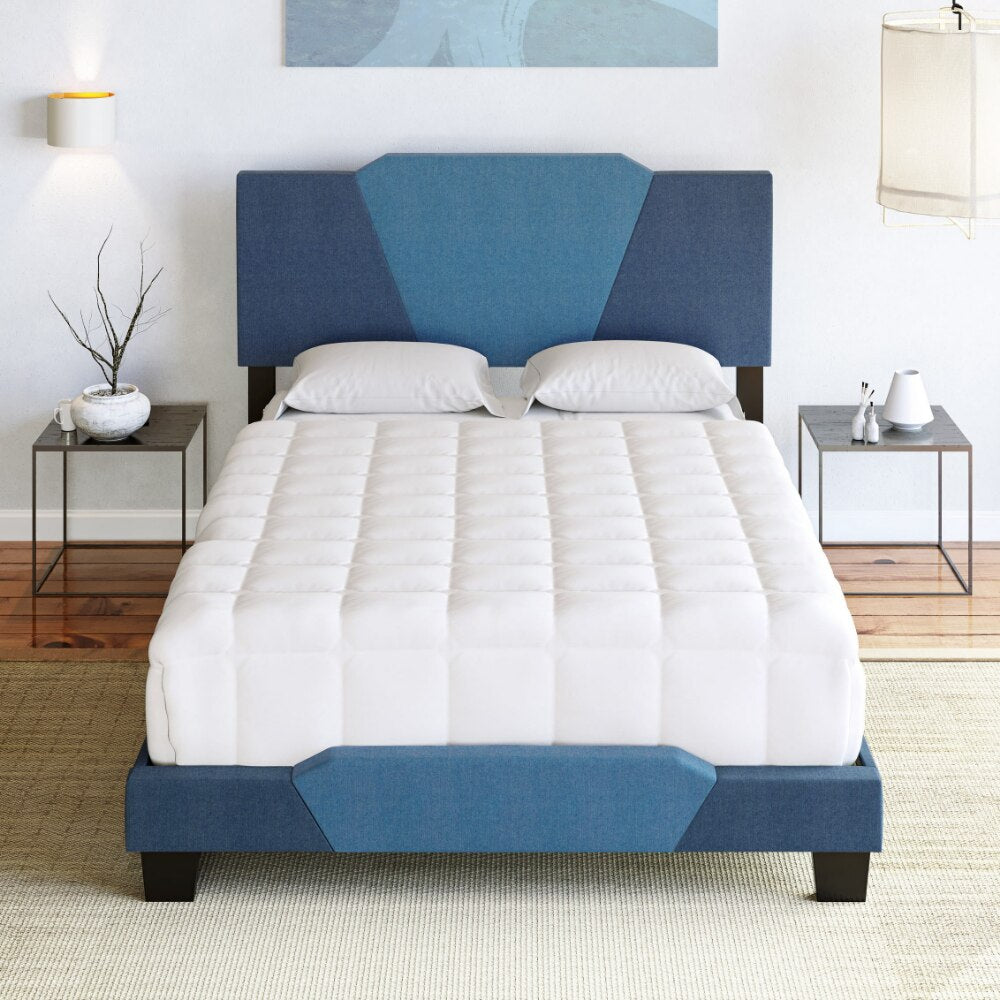 Boyd Sleep Tuscany Upholstered Geometric Ocean and Medium Blue Linen Platform Bed Frame, Queen