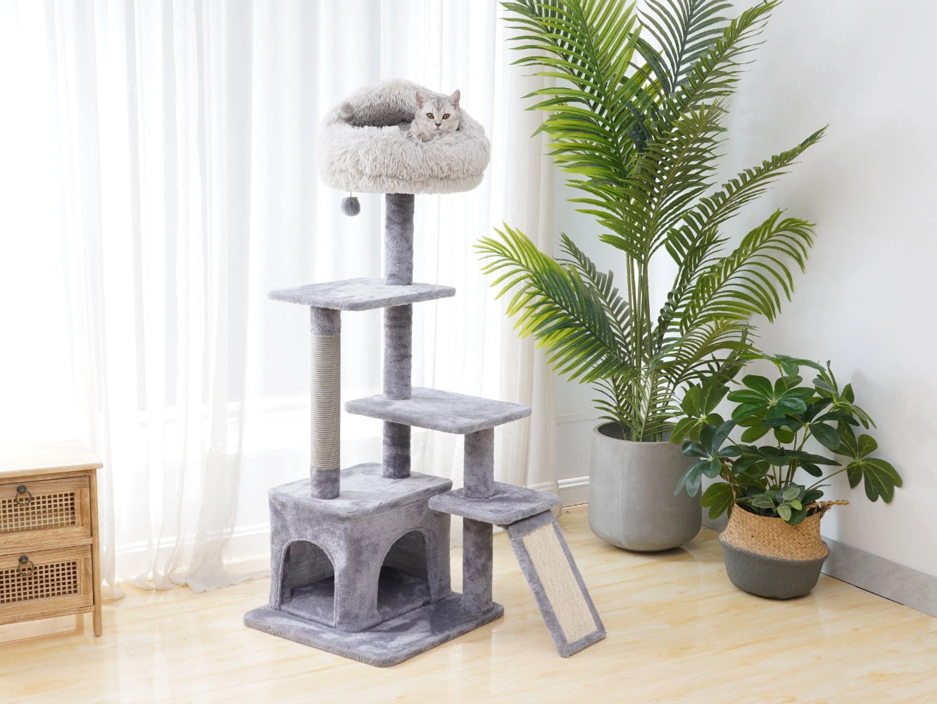 Catry 4-Level Grey Cat Tree With Condo and Scratching Pad, 48&#39;&#39; Height cat tower  cat wheel