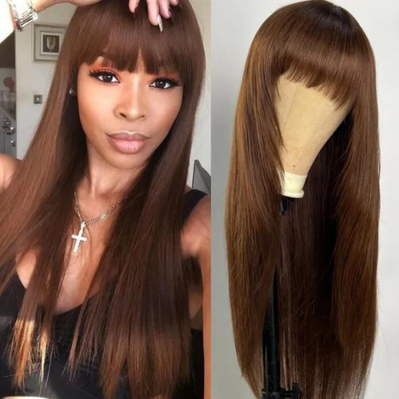 UNice Layer Cut Mocha Medium Brown Glueless Beginner Friendly Straight Wig With Bangs Wear and Go Cap Soft &amp; Smooth Virgin hair