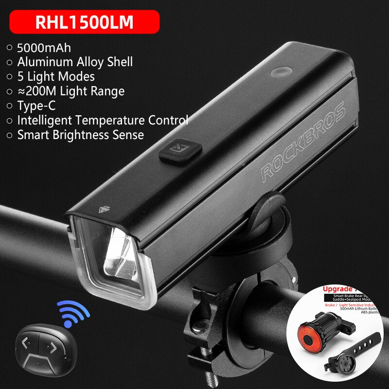 ROCKBROS Bike Light 1500LM5000mAh Type-C Bicycle Light Temperature Control  IPX6 Aluminum LED Light Front Lamp Cycling Headlight