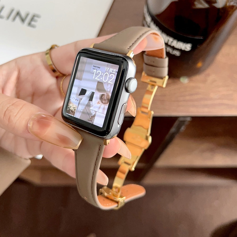 Leather Strap for Apple Watch Series 8 7 SE 6 5 4 3 2 Ultra 49mm Butterfly Buckle Lady Bracelet for iWatch 41 45mm 44 40 38 42MM