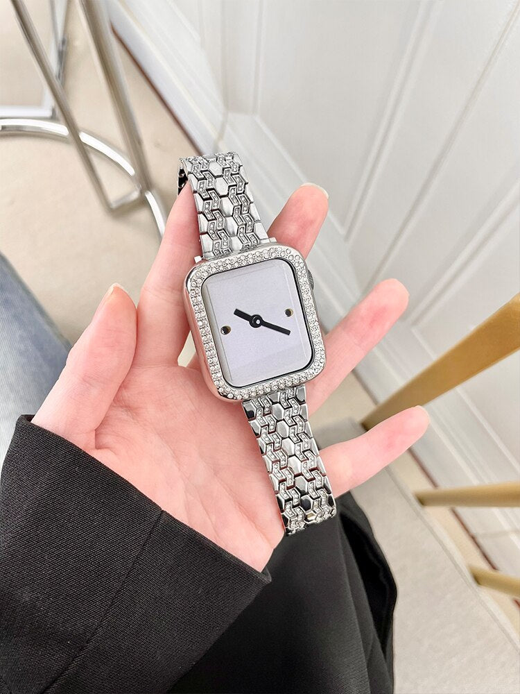 Luxury Diamond Metal Band for Apple Watch 8 41mm 45mm Ultra 49mm Bling Stainless Steel Strap for iWatch SE 7 6 5 4 38 42 40 44mm