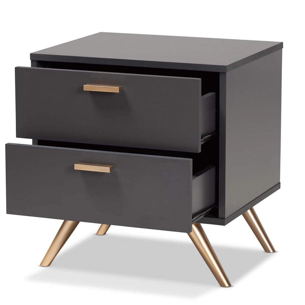 Kelson Modern and Contemporary Dark Grey and Gold Finished Wood 2-Drawer Nightstand