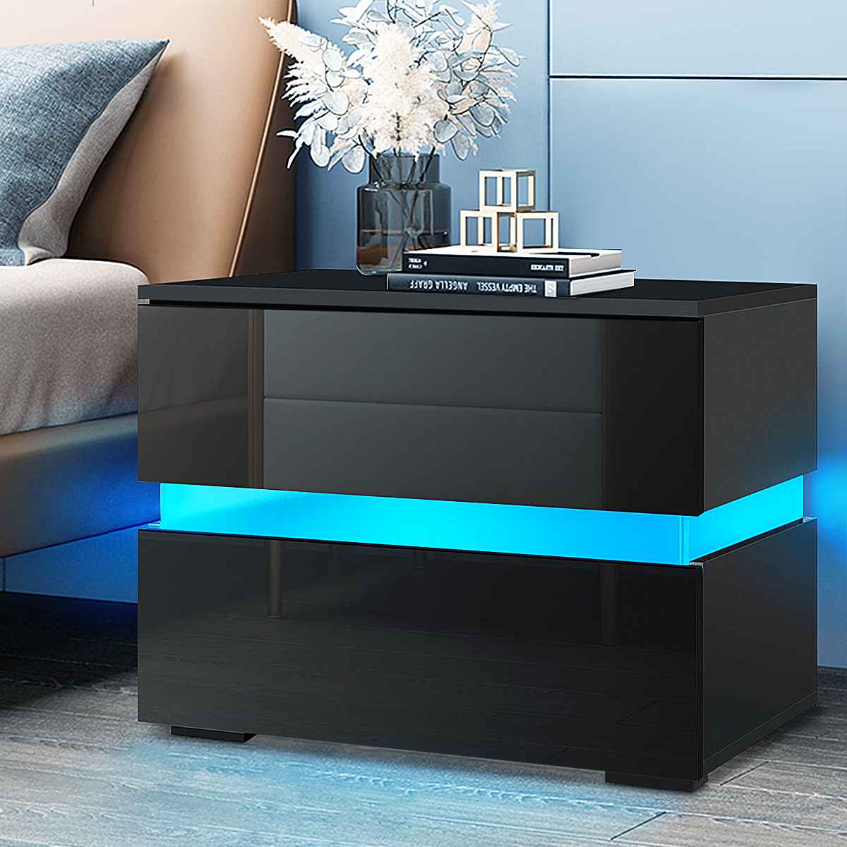 Modern Luxury LED Light Nightstand w/2 Drawers Organizer Storage Cabinet Bedside Table Bedroom Furniture for Night 20 Colors