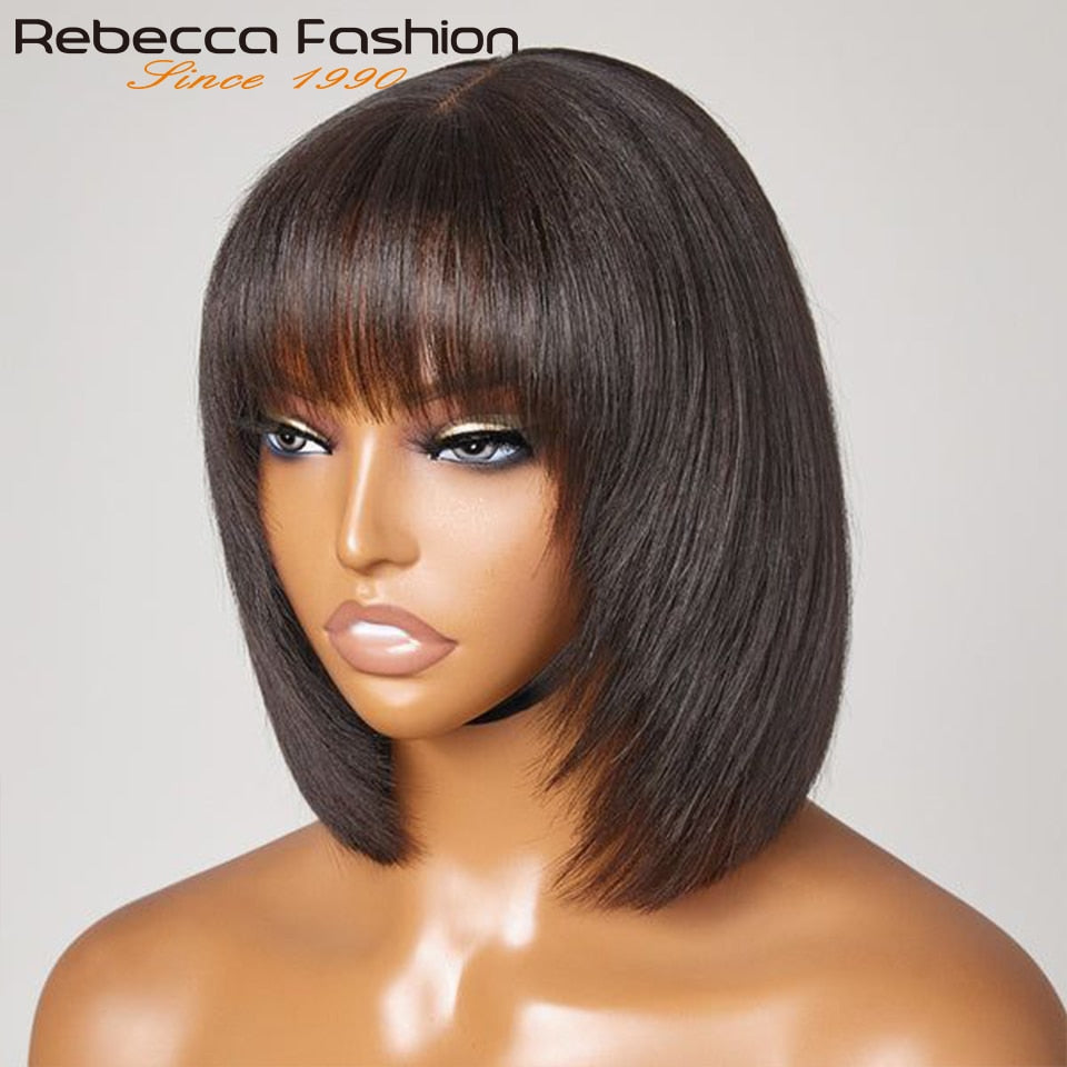 Straight Bob Wigs Short Cut Human Hair Wigs With Fringe for Women Straight Brazilian Hair Bob Wigs With Bangs Highlight Brown